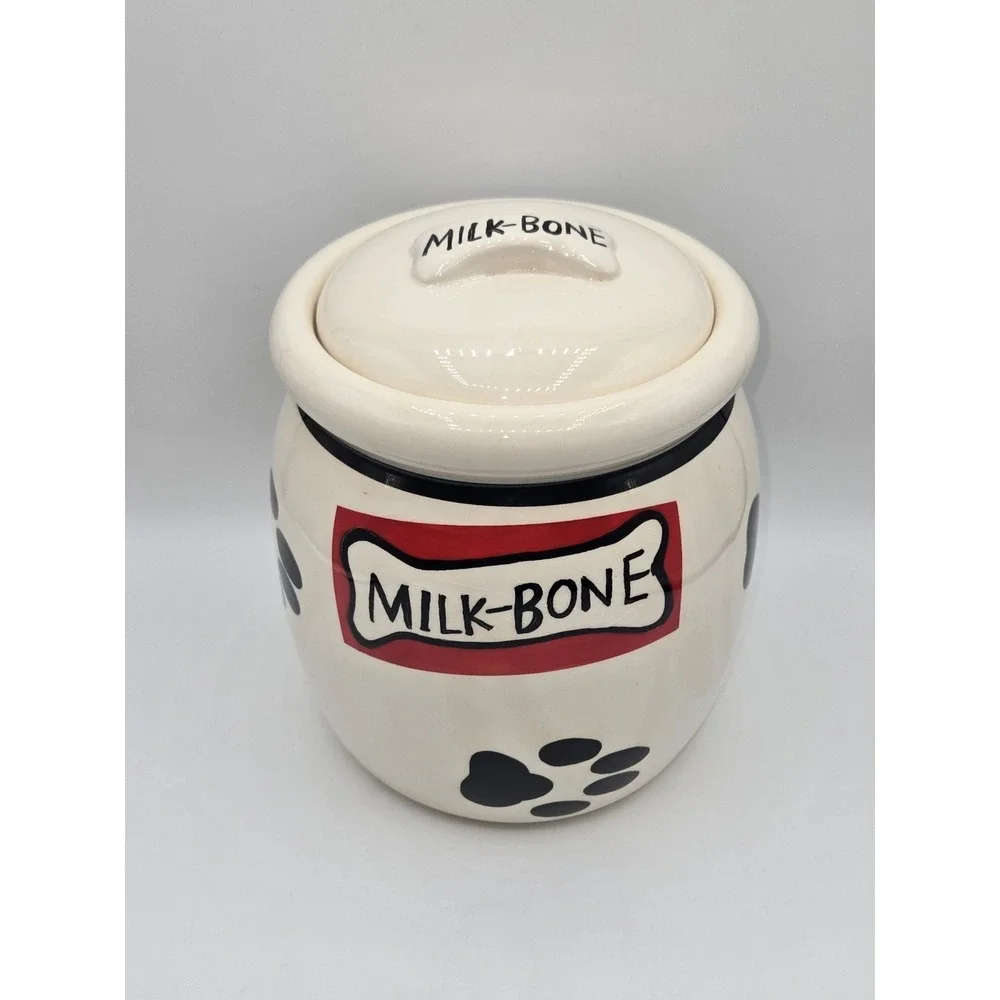 Milk Bone Ceramic Dog Treat Jar Paw Print Lid Vintage Kitchen Canister‎